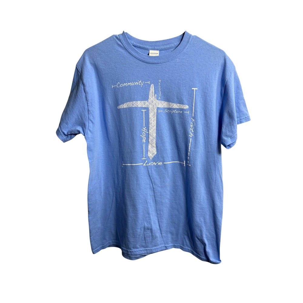 Gildan Mens Blueprint Of The Church Bridgeport Camp 2019 Cross T-Shirt Blue M - Picture 2 of 4